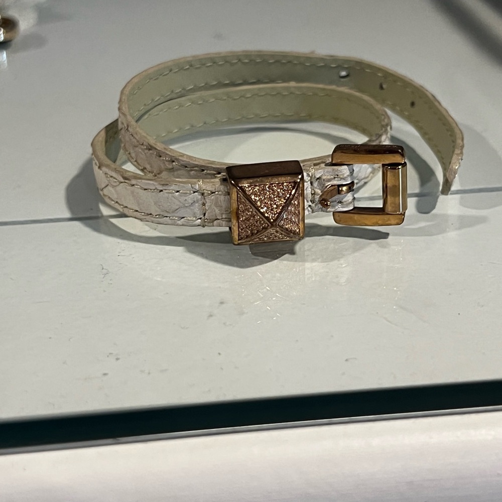 Michael Kors Cream Double-Wrap Leather Bracelet with Gold Pyramid Stud